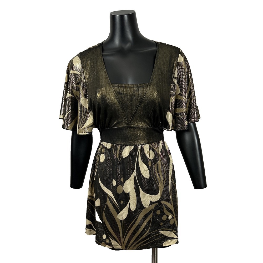Fashion Bug Shiny Gold Vintage Top Blouse Flutter Sleeve 14/16W 90s Y2K Tunic